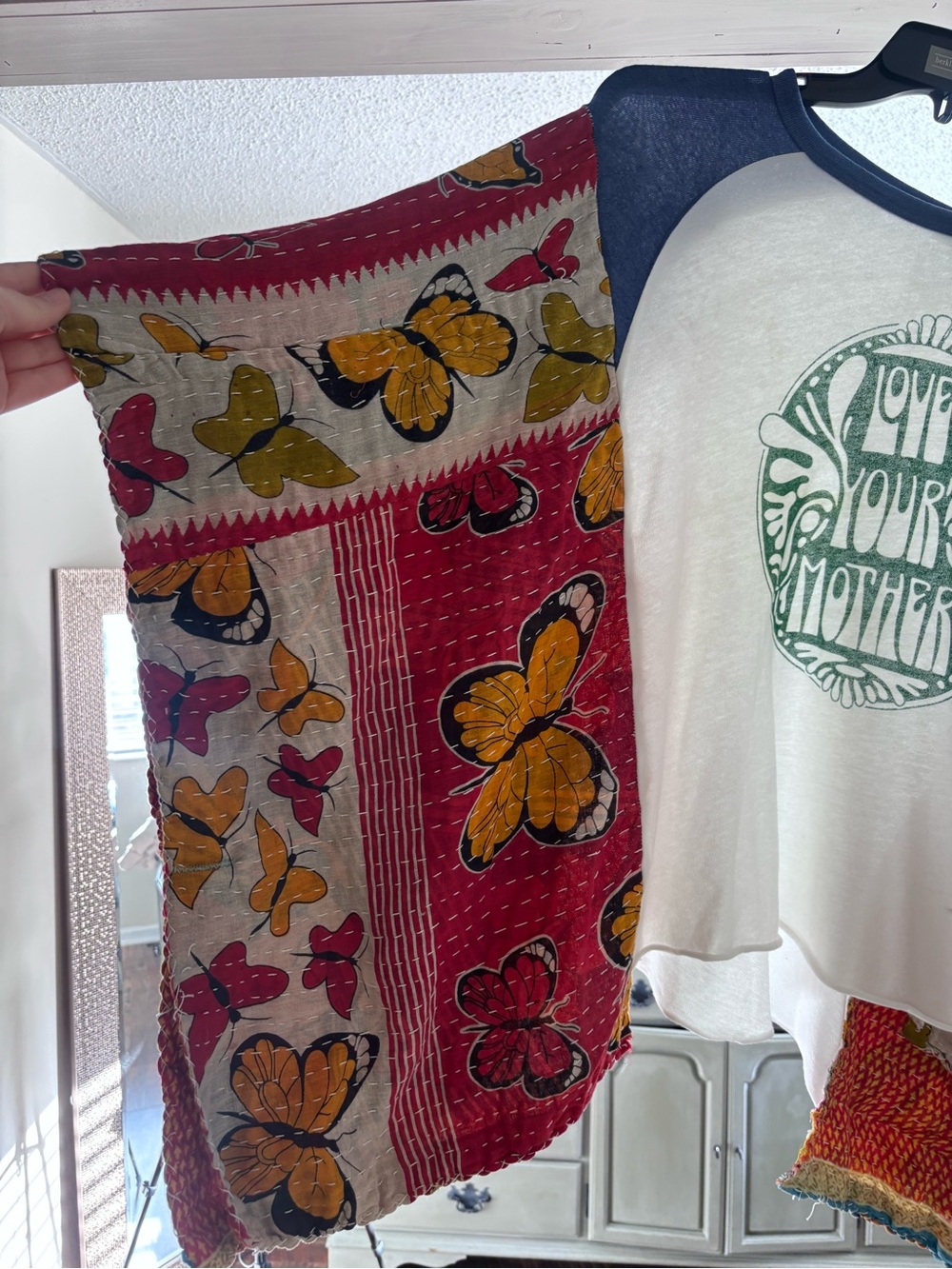 Love Your Mother Raglan Top with Butterfly Kantha Sleeves- Upcycled Boho! - Picture 3 of 4